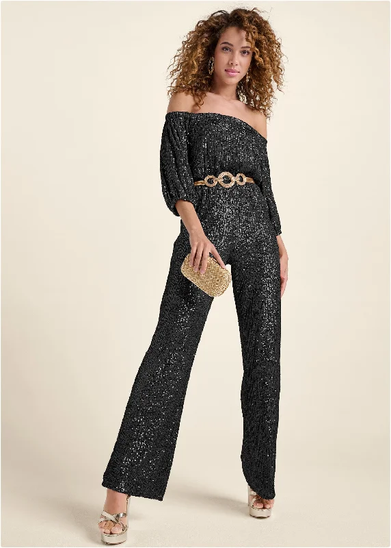 Off-Shoulder Sequin Jumpsuit - Black