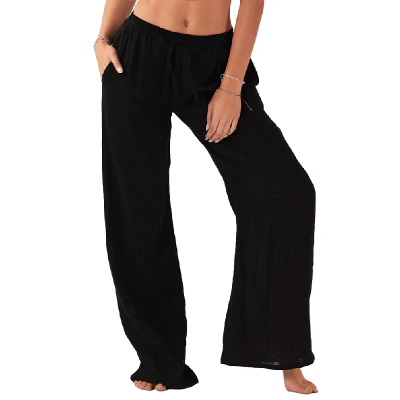 Men's wide - leg casual linen blend pants for a relaxed beachside look Black Cotton Cabana Pants