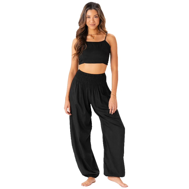 Men's distressed casual cotton pants for a laid - back bohemian style Black Harem Pants + Oasis Crop Top Set