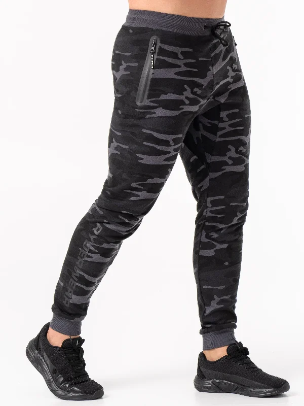Men's patterned casual silk blend pants for a unique night - out style Energy Track Pants - Black Camo