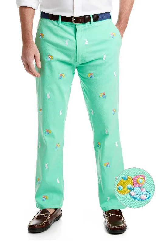 Men's plaid pattern casual wool pants for a preppy winter style Harbor Pant Stretch Twill Spring Green with Easter Eggs & Bunny