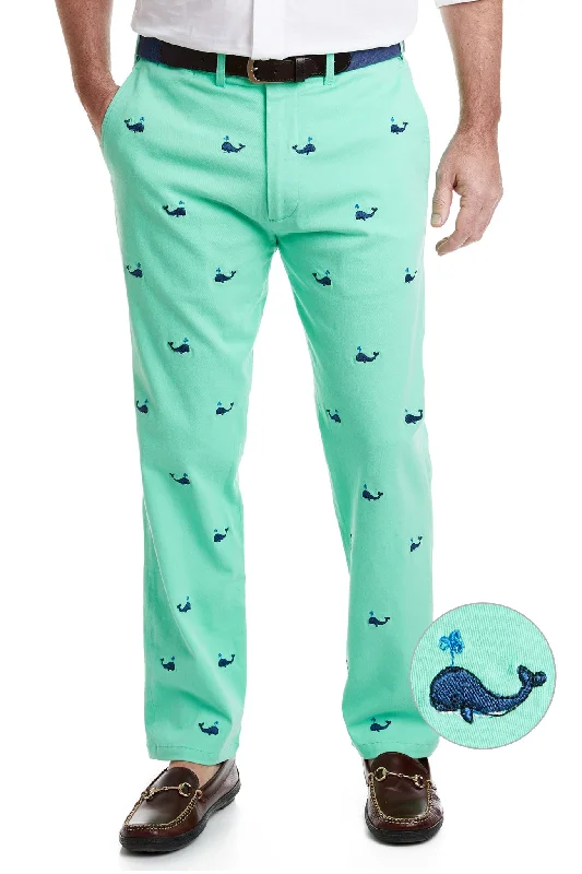 Men's wide - leg casual linen blend pants for a relaxed beachside look Harbor Pant Stretch Twill Spring Green with Spouting Whale