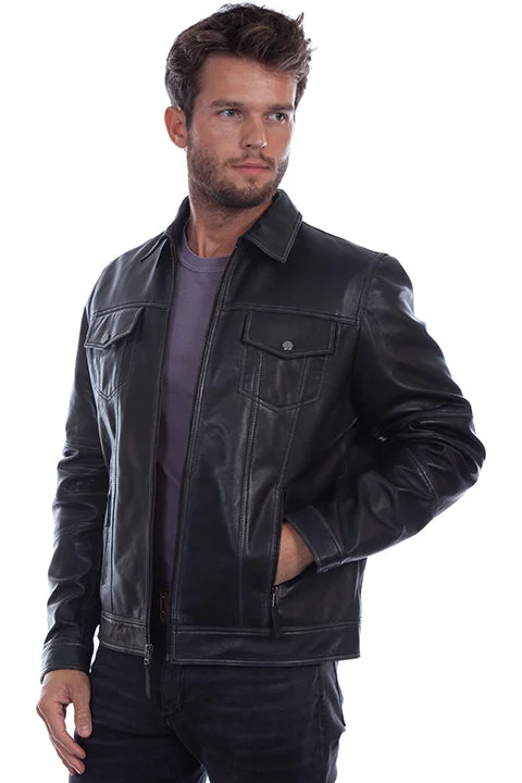 Hooded men jackets with a detachable faux - fur trim for added warmth Men's Scully Leather Jacket #1032