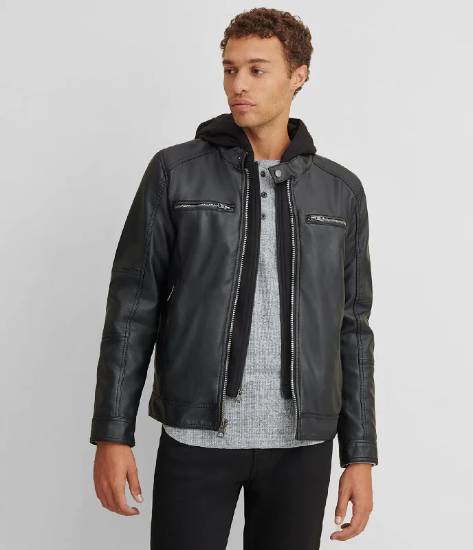Men jackets with a built - in hood that can be stowed away when not in use Faux Leather Jacket With Removable Hood