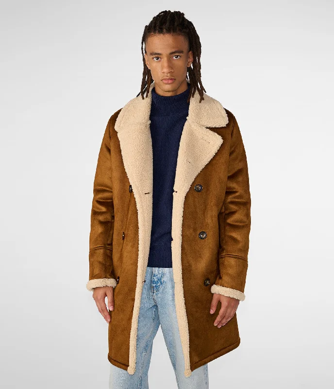 Men coats with a stand - up collar for a sleek and modern look Faux Shearling Car Coat
