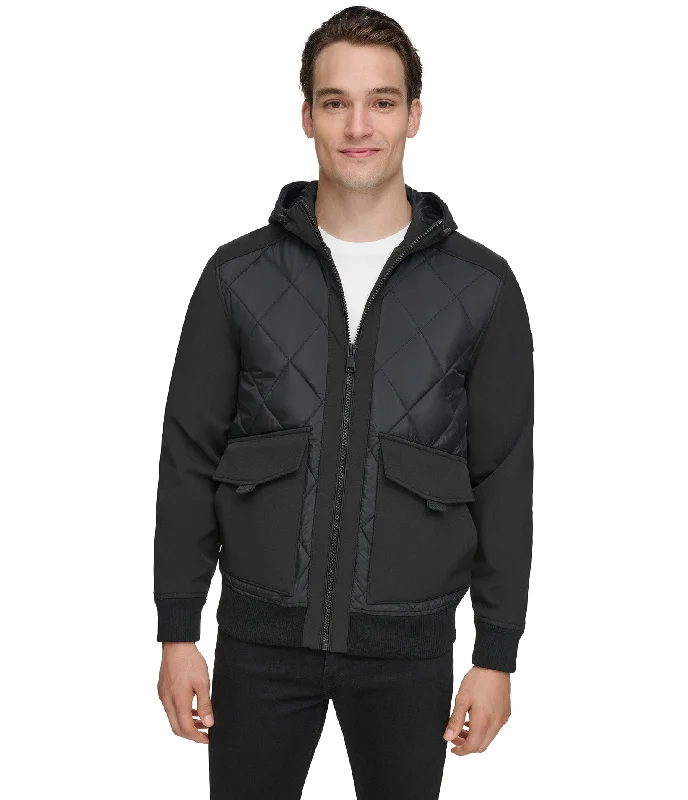 Men coats with multiple inner pockets for convenient storage of essentials Mixed Media Hooded Bomber