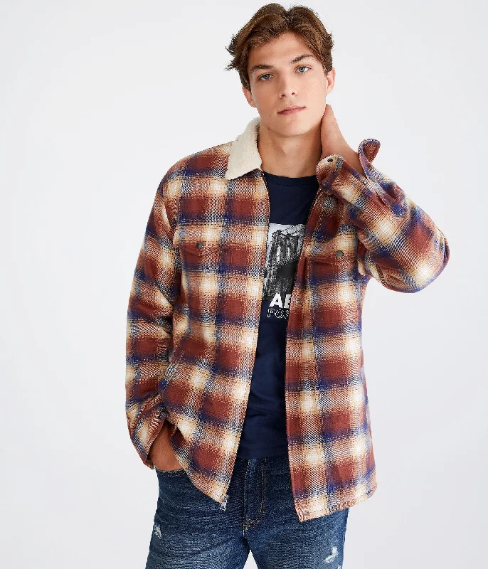 Lightweight men coats made of breathable fabric for spring and autumn Aeropostale Plaid Sherpa-Lined Full-Zip Flannel Shacket