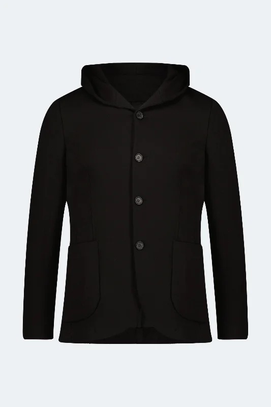 Waterproof men coats with taped seams for heavy rain and snow days Black Knit Hooded Button Sportcoat