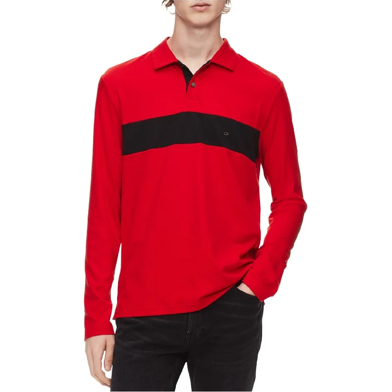 Men's long sleeve classic fit polo shirts with embroidered logos Calvin Klein Mens Colorblocked Rugby Polo Shirt, Red, X-Small