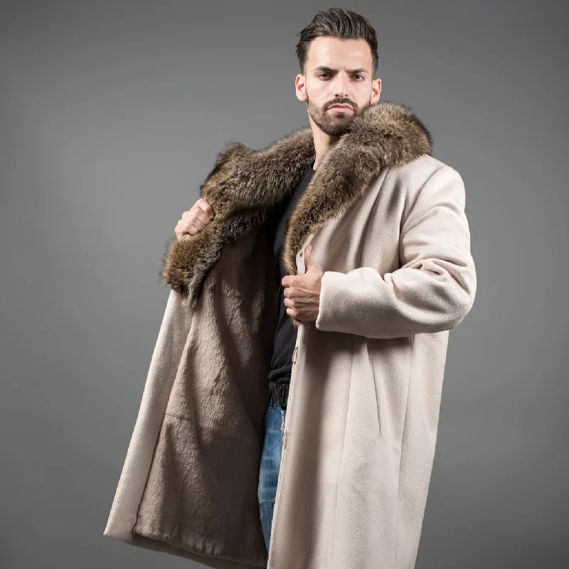 Men coats with a hooded design for added protection against the elements Cashmere coat with Raccoon Fur collar