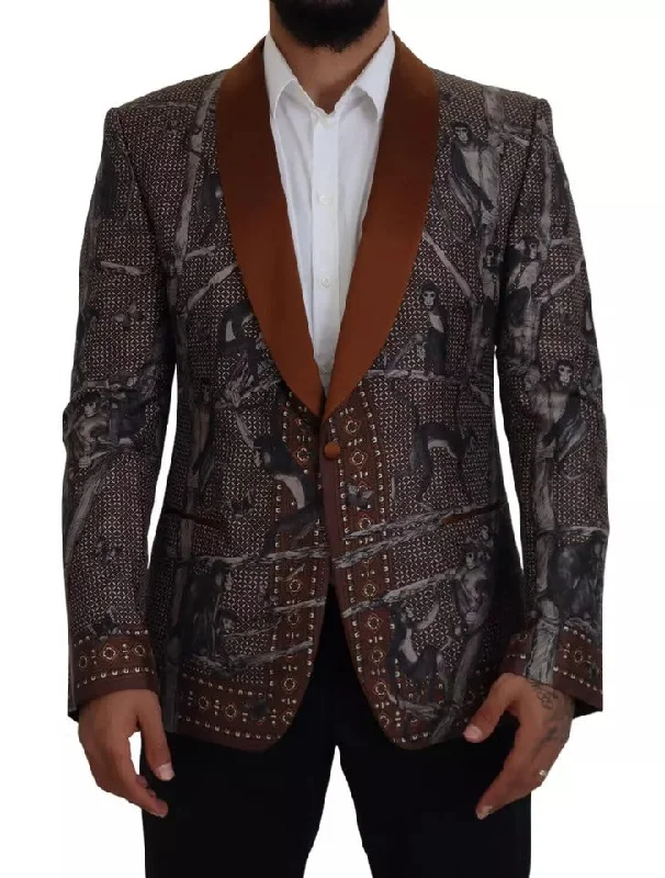 Peak - Lapel Men Blazers for a Sophisticated Touch​ Dolce & Gabbana  Monkey Print Silk Slim Jacket Men's Blazer