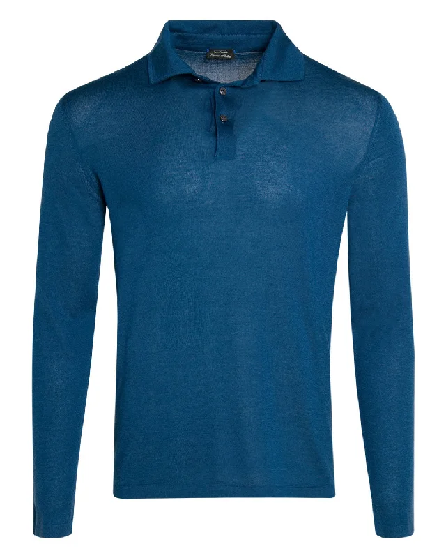 Men's UV - protected polo shirts for outdoor gardening Marine Blue Long Sleeve Polo