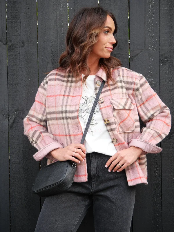 Long - line men coats reaching below the knee for maximum coverage Foxwood Frankie Check Shacket Pink