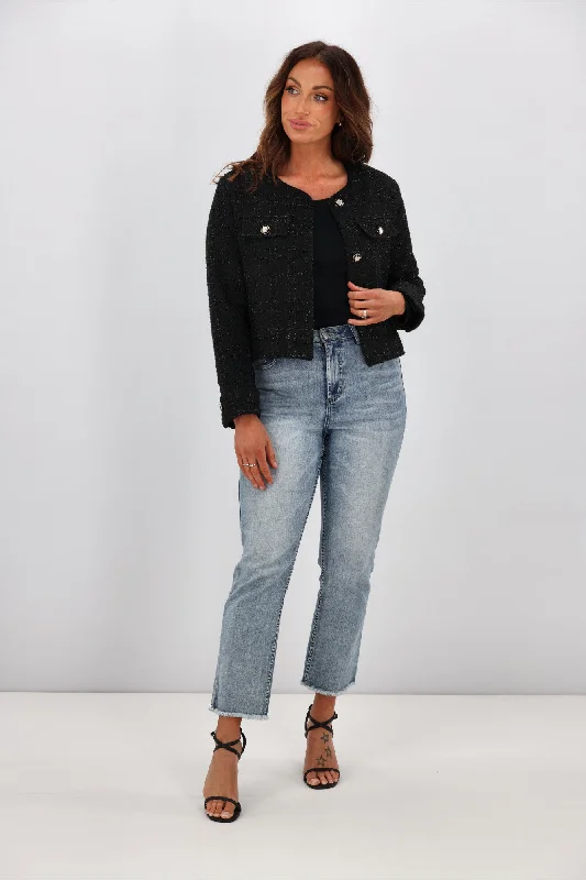 Denim men jackets with embroidered patches for a personalized touch Fria Vivienne Collarless Jacket Black