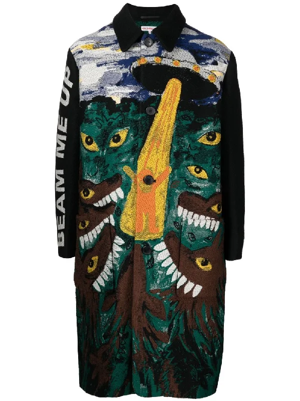 Men coats with a drawstring waist for a customizable fit Graphic-Print Single Breasted Coat
