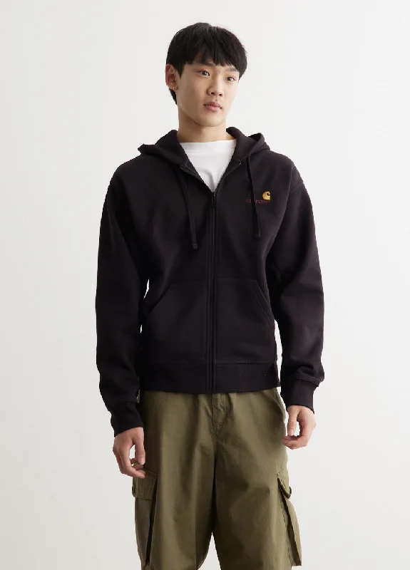 Denim men jackets with embroidered patches for a personalized touch Hooded American Script Jacket