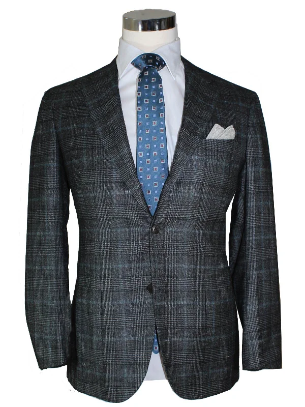 Polyester Men Blazers with Wrinkle - Resistant Finish​ Kiton Cashmere Sport Coat Gray Black Blue Check Plaid Blazer EUR 50 - US 40 C SALE