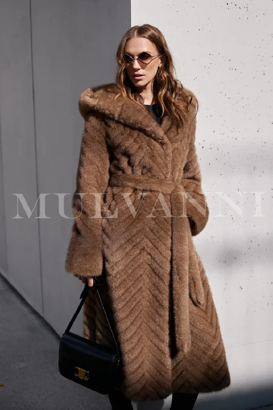 Men coats with a hooded design for added protection against the elements LEA Brown Faux Mink Coat