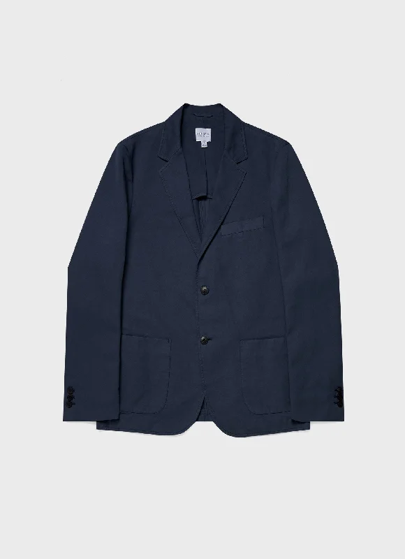 Men Blazers with Embroidery for a Personalized Touch​ Men's Cotton Linen Unstructured Blazer in Navy