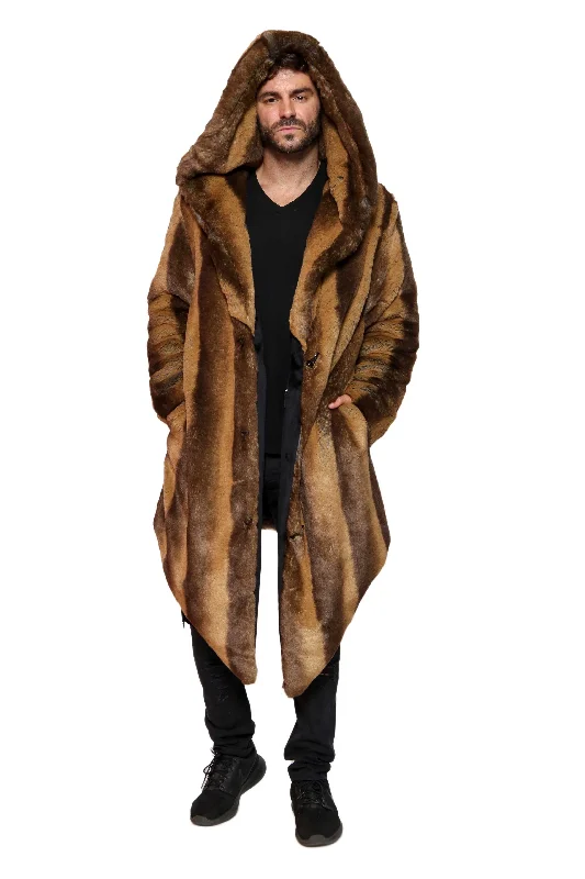 Men coats with a detachable faux - fur collar for a trendy and warm touch Men's Desert Warrior Coat in "Brown Tan Stripe" Chinchilla