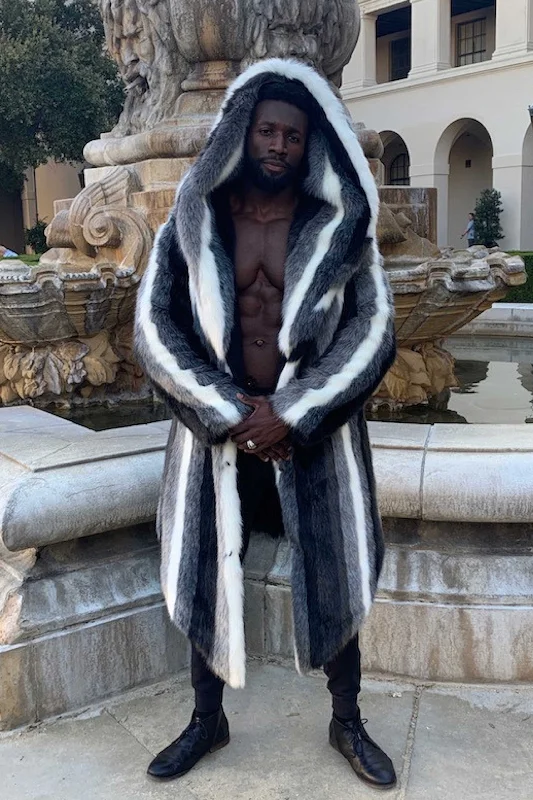 Men coats with a hooded design for added protection against the elements Men's Desert Warrior Coat in "Tuxedo Stripe"