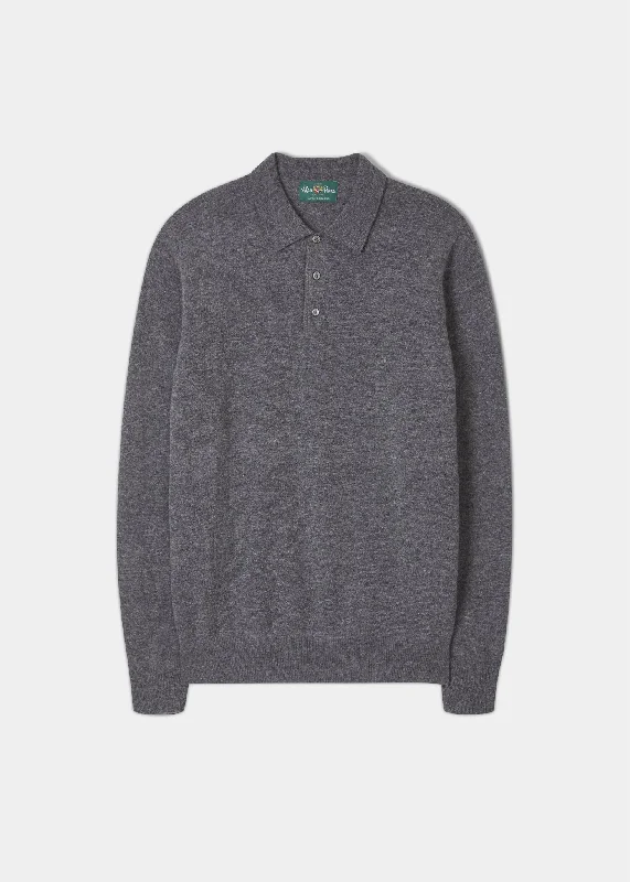 Men's color - block polo shirts with a bold fashion statement Men's Geelong Wool Long Sleeve Polo Shirt in Dark Grey - Regular Fit