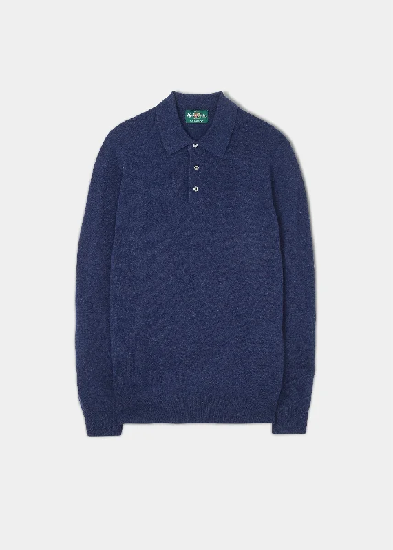 Men's jacquard woven polo shirts with intricate designs Men's Geelong Wool Long Sleeve Polo Shirt in Pacific - Regular Fit