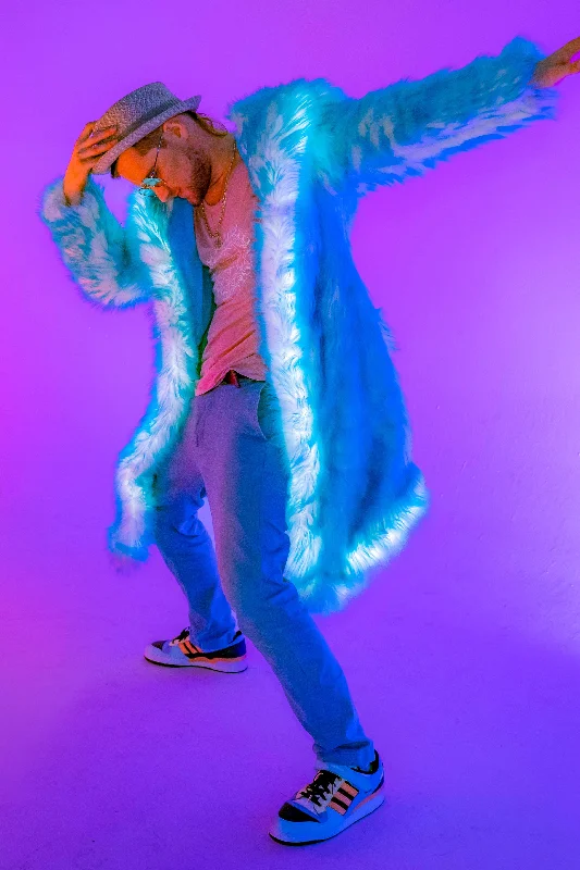 Long - line men coats reaching below the knee for maximum coverage Men's LED Desert Warrior Coat in "Just The Tip-Aqua"