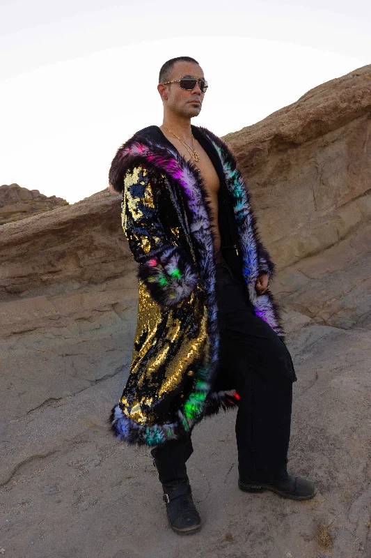 Men coats with a soft fleece interior for extra warmth and comfort Men's LED Sequin King Coat in "Black/ Gold"