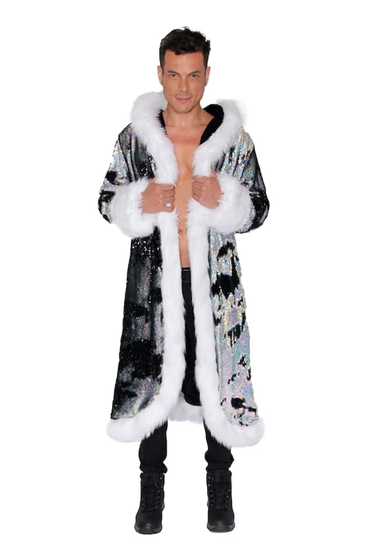 Men coats with a wind - resistant outer layer for blustery weather Men's LED Sequin King Coat in "Silver Hologram- Black"