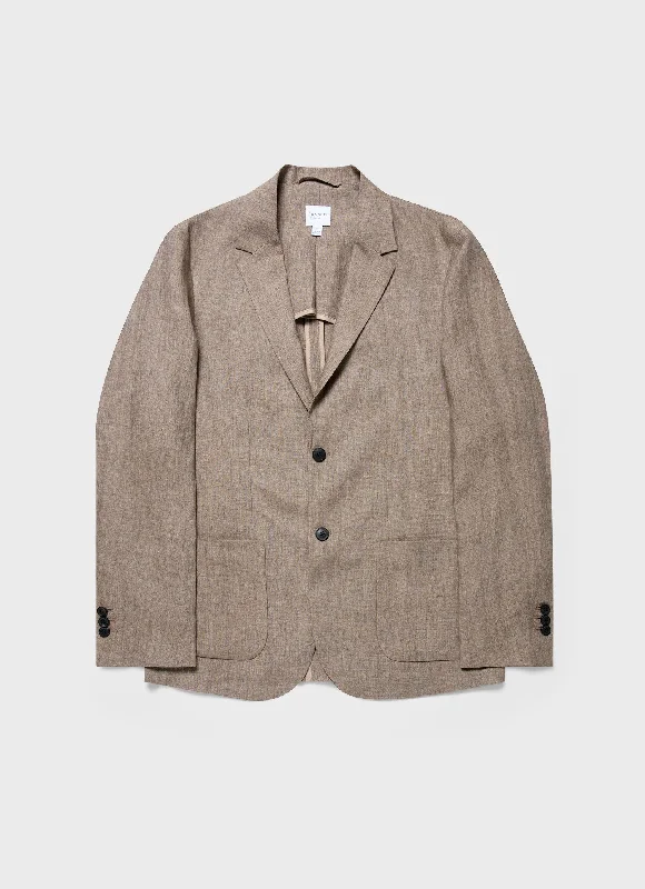 Men Blazers with Plaid Patterns for a Traditional Look​ Men's Linen Unstructured Blazer in Dark Sand