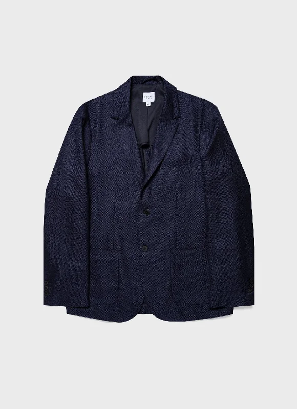 Notch - Lapel Men Blazers for a Standard Look​ Men's Silk Linen Wool Blazer in Navy
