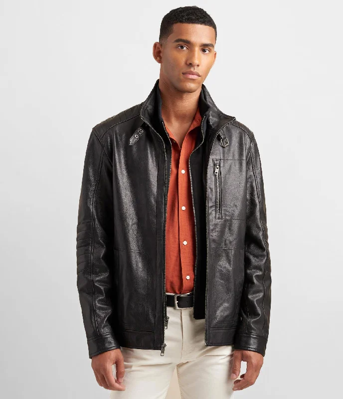 Stretch - fabric men jackets for unrestricted movement during workouts Leather Racer Jacket With Bib