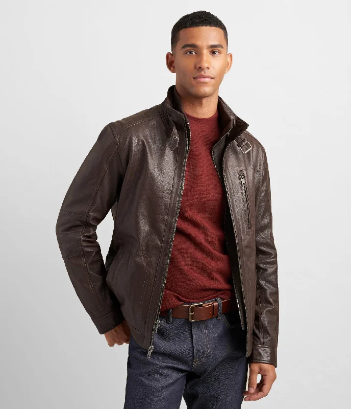 Hooded men jackets with a detachable faux - fur trim for added warmth Leather Racer Jacket With Bib