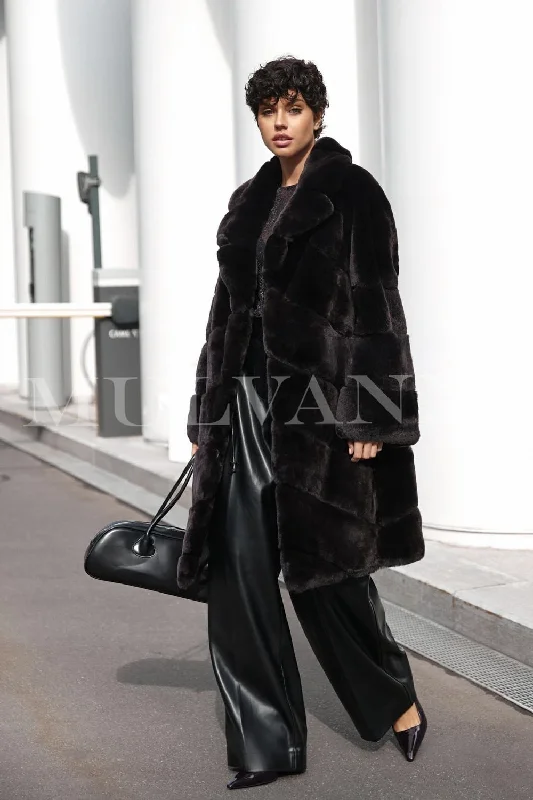 Men coats with a stand - up collar for a sleek and modern look OTTAVIA Black Rex Rabbit Coat