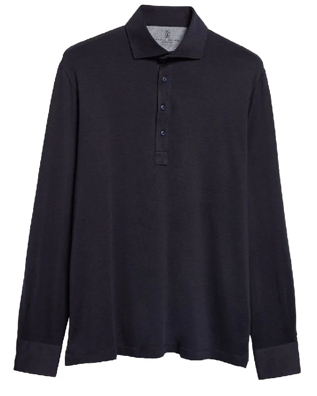 Men's lightweight performance polo shirts for tennis matches Navy Blue Long Sleeve Polo