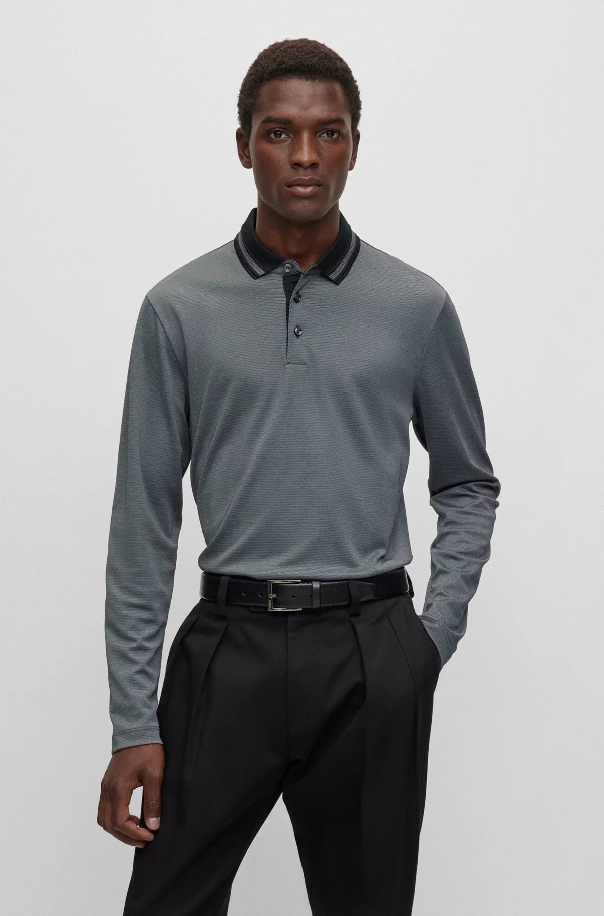 Men's button - down spread collar polo shirts for business casual Pleins Slim-Fit Long Sleeved Polo Shirt with Woven Pattern 50500463