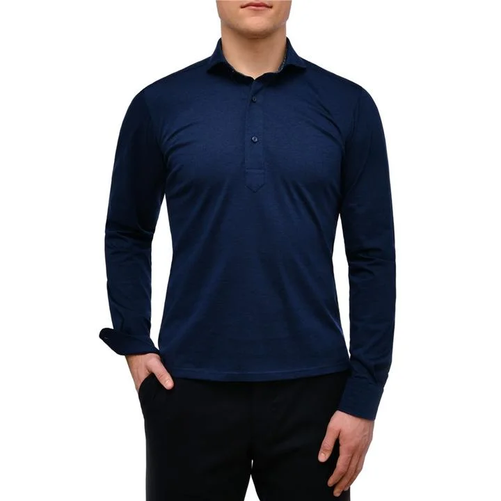 Men's vintage - inspired retro polo shirts with unique patterns Premium Quality Jersey Knit Long Sleeve Polo SF18067 Navy