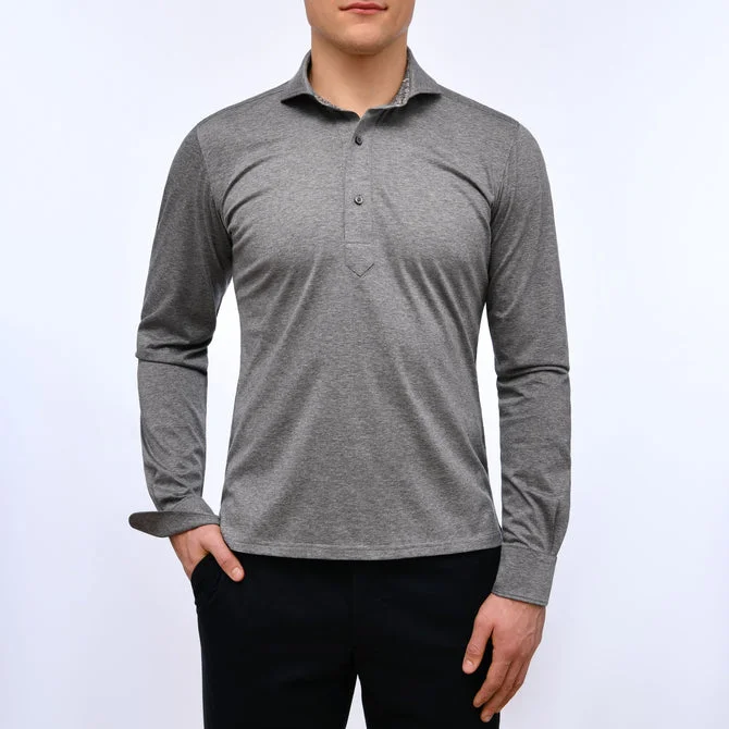 Men's stretchable athletic polo shirts for fitness workouts Premium Quality Jersey Knit Long Sleeve Polo SF18069 Med Grey