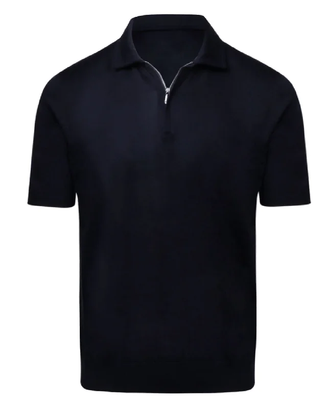 Men's breathable cotton blend polo shirts for summer outings Navy Blue Silk Zip Polo