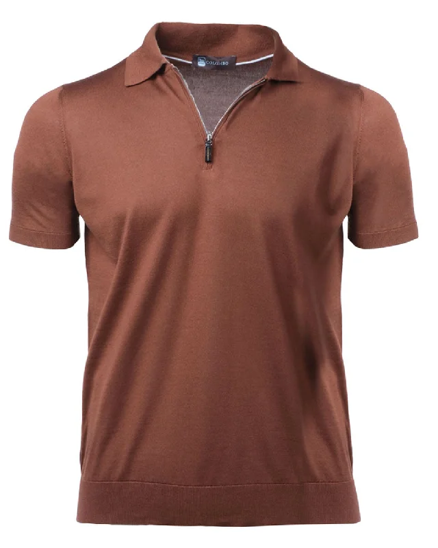Men's long sleeve classic fit polo shirts with embroidered logos Brown Silk Polo