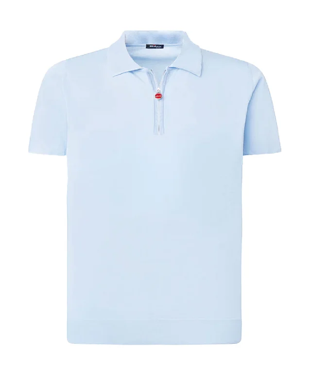 Men's two - tone stripe polo shirts with a preppy style Light Blue Zip Polo