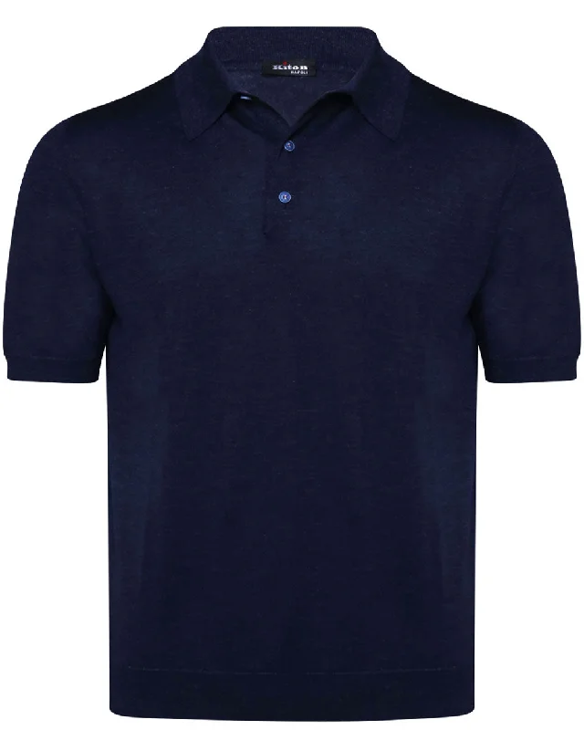Men's luxury cashmere blend polo shirts in solid colors Navy Blue Short Sleeve Polo