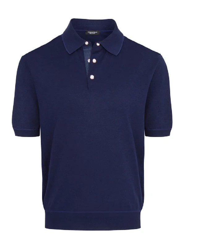 Men's slim fit short sleeve polo shirts with contrast collars Navy Knit Polo