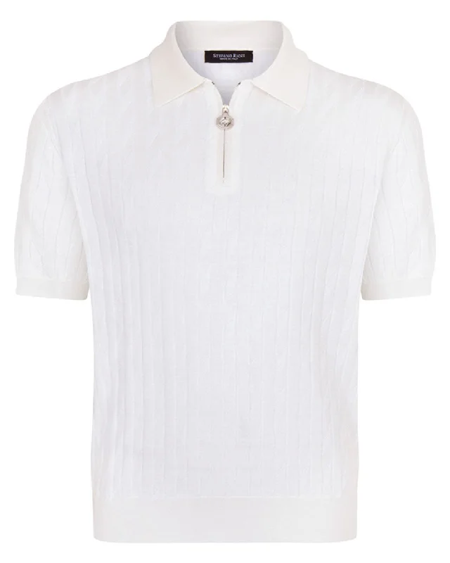 Men's slim fit short sleeve polo shirts with contrast collars White Knit Polo