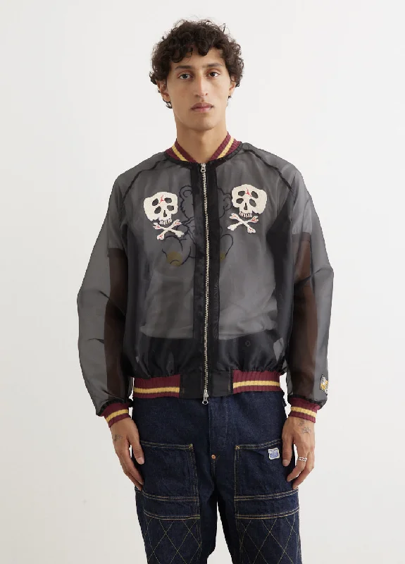 Denim men jackets with embroidered patches for a personalized touch Sheer Pearl Souvenir Jacket (RAIN SKULL)