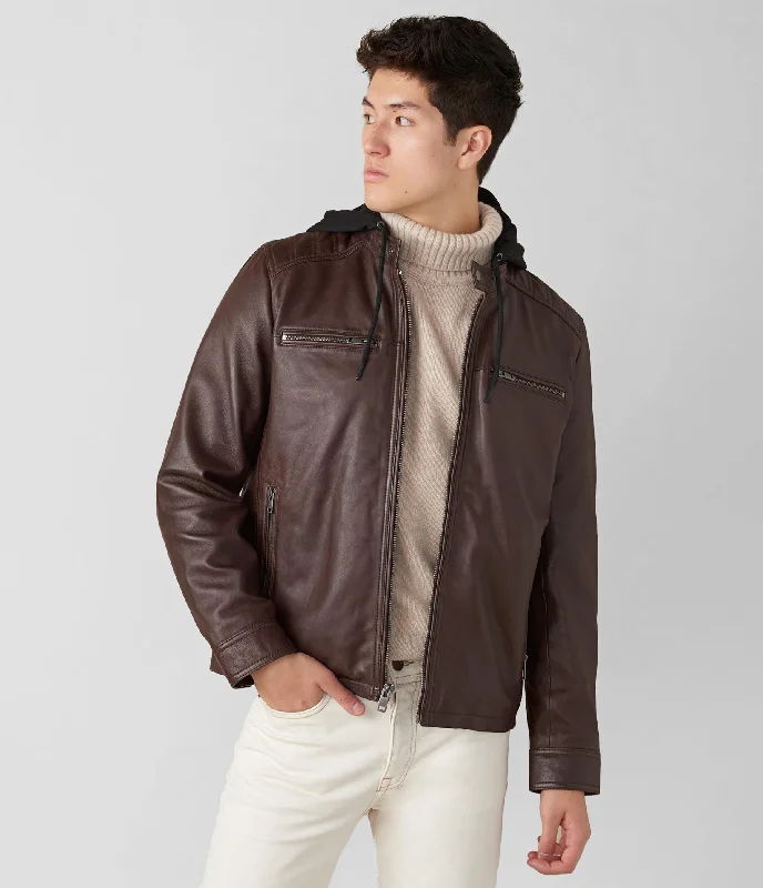 Men jackets with a media - friendly pocket for easy access to gadgets Blake Genuine Leather Jacket With Hood