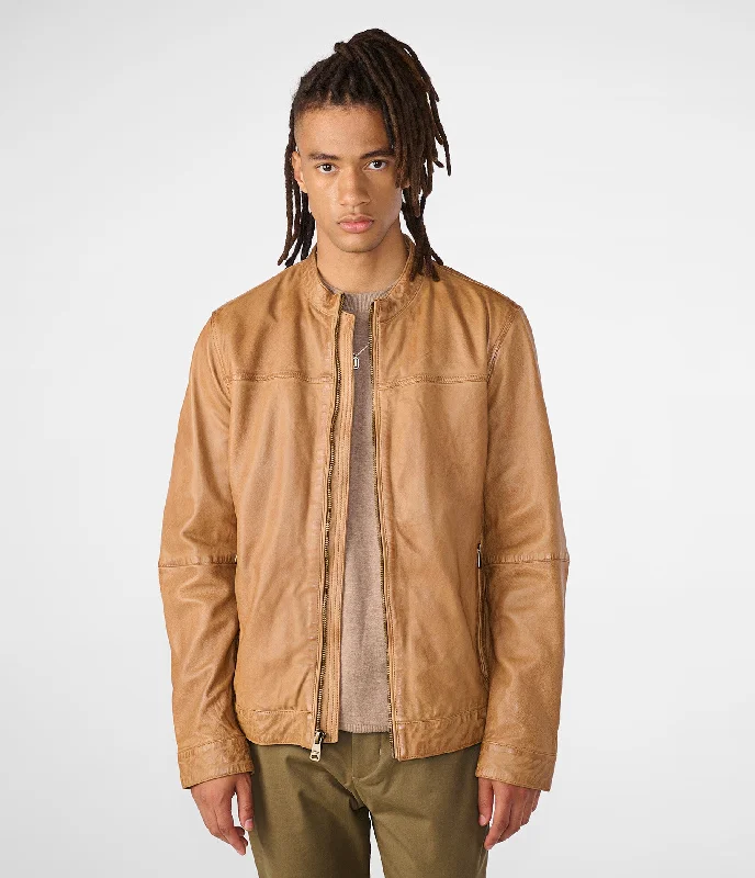 Hooded men jackets with a detachable faux - fur trim for added warmth Justin Genuine Leather Jacket