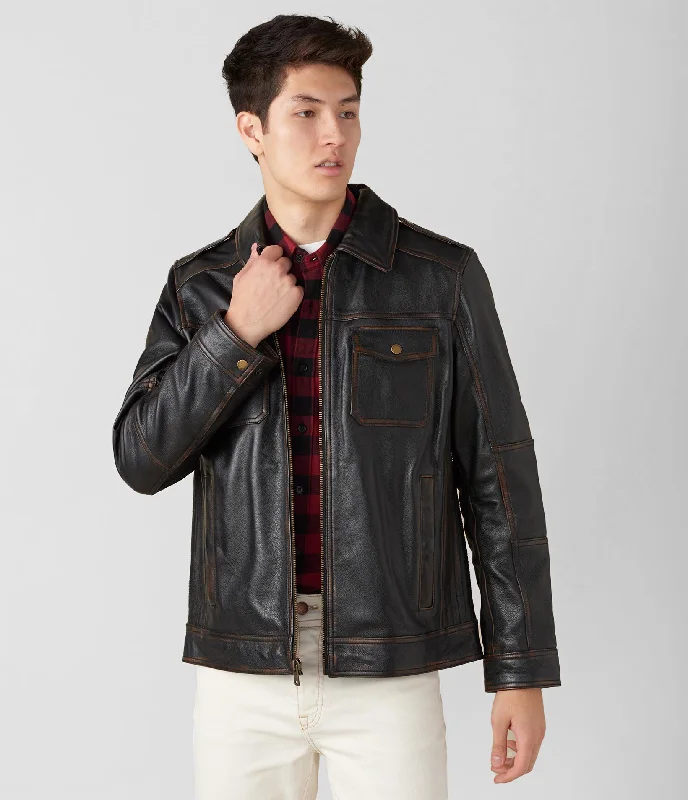 Bomber men jackets with ribbed cuffs for a classic 80s style Matthew Genuine Leather Jacket