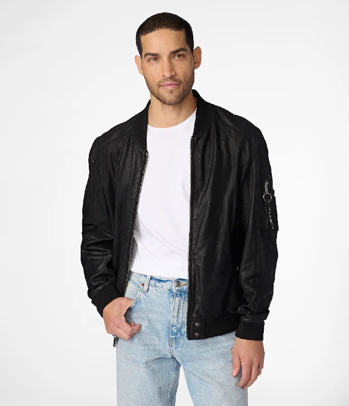 Slim - fit leather men jackets with a distressed finish for a rugged look James Genuine Leather Bomber Jacket